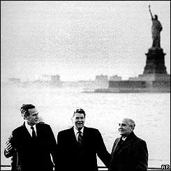 Ronald Reagan, George Bush and Mikhail Gorbachev in New York
