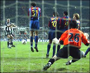 Newcastle captain Alan Shearer shoots towards the Barcelona goal