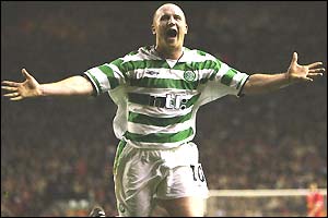 Celtic striker John Hartson celebrates his 81st minute strike