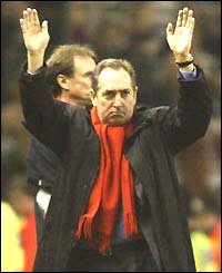 Liverpool boss Gerard Houllier acknowledges the home fans