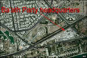 Satellite map showing headquarters of Saddam Hussein's Ba'ath party