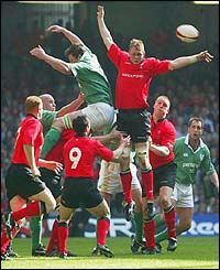 Dafydd Jones of Wales jumps for line-out ball