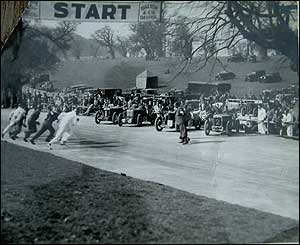 Photograph of the first race at Donington on March 25 1933 with Max Tuner in the foreground wearing white overalls