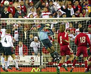 David James makes a world-class save from Turkey's Nihat after 82 minutes