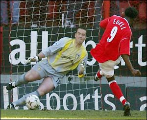 Euell scores from the spot at The Valley