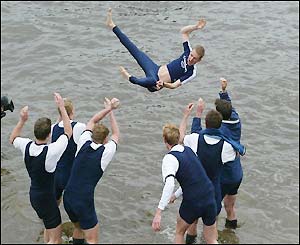 The Oxford cox is thrown into the Thames