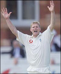 Matthew Hoggard celebrates taking the wicket of Stuart Carlisle 
