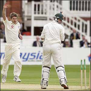 James Anderson celebrates bowling Travis Friend at Lord's