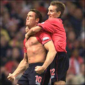 Steve Fletcher celebrates after scoring the opening goal in the Division three play-off final