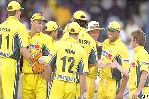 Australian players celebrate their 67 run victory over the West Indies 