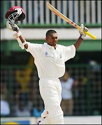West Indies' Shivnarine Chanderpaul reaches his century