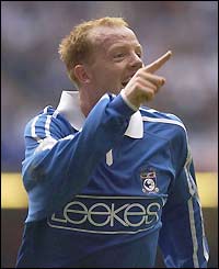 Cardiff's Andy Campbell celebrates scoring the winning goal