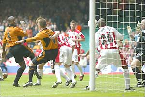 Nathan Blake nods in Wolves' second goal after 21 minutes