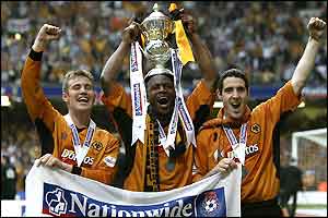 Wolves' three goalscorers, Kenny Miller, Nathan Blake and Mark Kennedy celebrate
