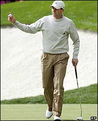 Sergio Garcia celebrates a birdie at the 13th hole