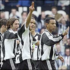 Hugo Viana, goalscorer Jermaine Jenas and Nolberto Solano celebrate the youngster's strike on 21 minutes