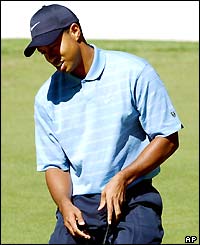 Tiger Woods agonises as a birdie chance slides just past the hole