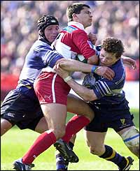 Leinster's Emmett Byrne and Brian O'Driscoll sandwich Biarritz's Olivier Roumat