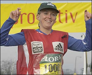 Shona Crombie-Hicks is a one of a number of runners who complete the last leg of the Flora 1000 mile challenge at the maratho