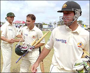 Australia captain Steve Waugh congratulates Langer 