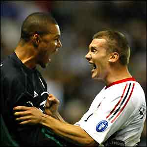 AC Milan's goalkeeper Dida and match-winner Andriy Shevchenko celebrate