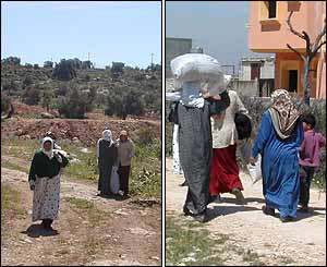 Palestinian women return from an excursion to pick wild thyme near Beit Amin