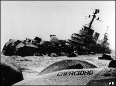 350 people died when the British sunk Argentine cruiser General Belgrano on 1 May 1982