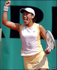 Ai Sugiyama celebrates her win over Meghann Shaughnessy 