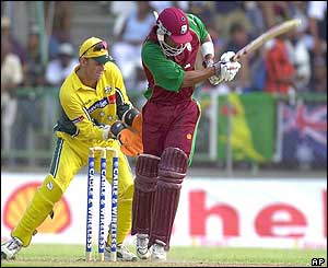 West Indies batsman Ramnaresh Sarwan plays a shot off his legs
