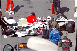 Jenson Button in his crashed BAR