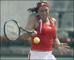 Jennifer Capriati plays a powerful forehand