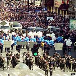 Tens of thousands of locals and guests celebrate the 300th anniversary of the foundation of St. Petersburg, Russia, 31 May 2003 on Nevsky Prospect