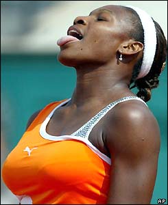 Serena Williams shows her relief at winning the first set against Ai Sugiyama