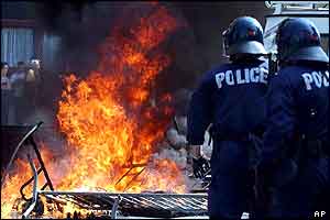 Burning barricade in Lausanne