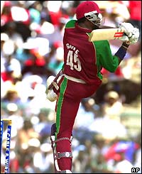 Chris Gayle plays the pull shot during his innings of 60 for the West Indies