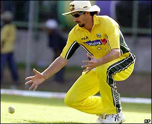 Australian fast bowler Jason Gillespie drops a catching chance offered by Wavell Hinds