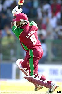 Brian Lara, the West Indies captain, plays a shot as he makes 75 not out