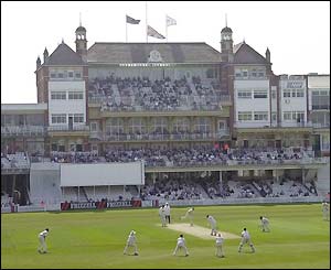 The flags at The Oval fly at half-mast as a mark of respect for former Surrey President Sir Paul Getty 