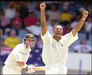 Merv Dillon appeals for the wicket of Matthew Hayden