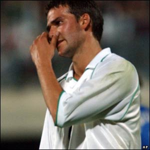 Northern Ireland's Tommy Doherty reacts after he failed to score during the friendly soccer match against Italy 