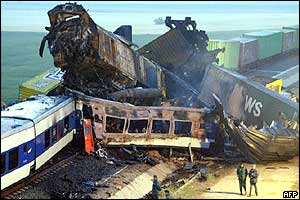 Wreckage of the passenger train and freight train 