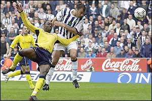 West Brom's Daniele Dichio heads in the opening goal at the Hawthorns