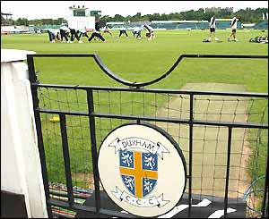 A view of the Riverside Ground and the Durham CCC badge