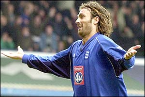 Christophe Dugarry celebrates scoring Birmingham's third against Southampton