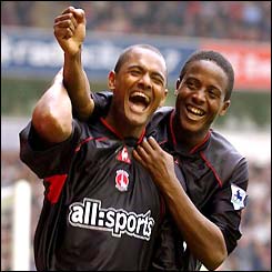 Shaun Bartlett celebrates scoring against Liverpool
