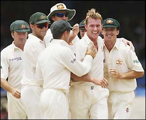The Australian team congratulate Brett Lee