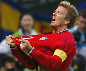 David Beckham celebrates scoring England's winner against Argentina at the 2002 World Cup