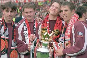 Gary Neville, Ole Gunnar Solksjaer, David Beckham and Phil Neville celebrate winning the Premiership title in 1997