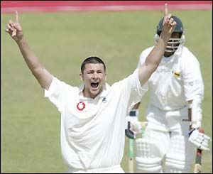 Steve Harmison celebrates taking the wicket of Dion Ebrahim