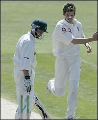 Grant Flower is bowled by James Anderson